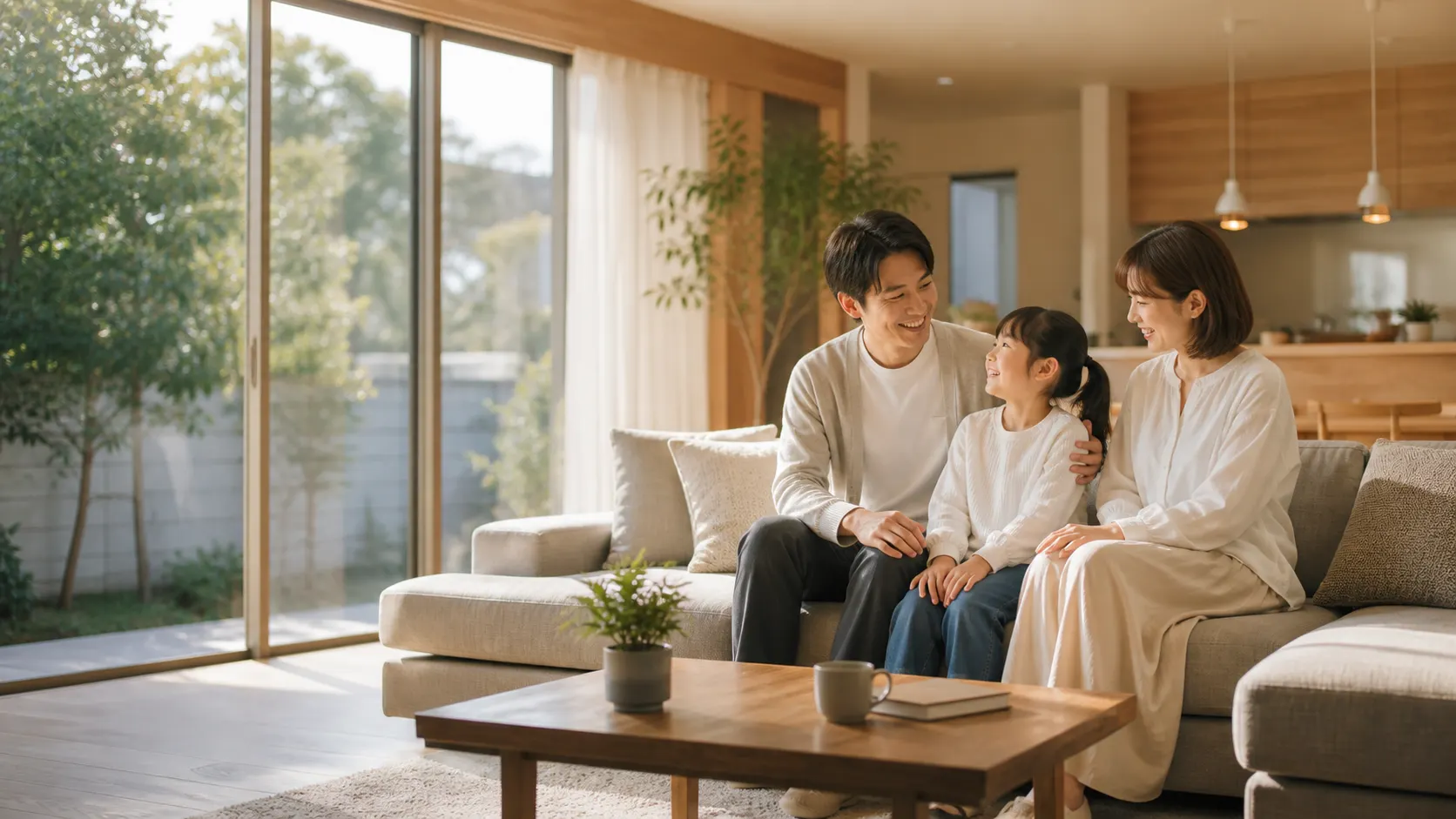 朝の自然光の中で笑顔で過ごす日本人家族